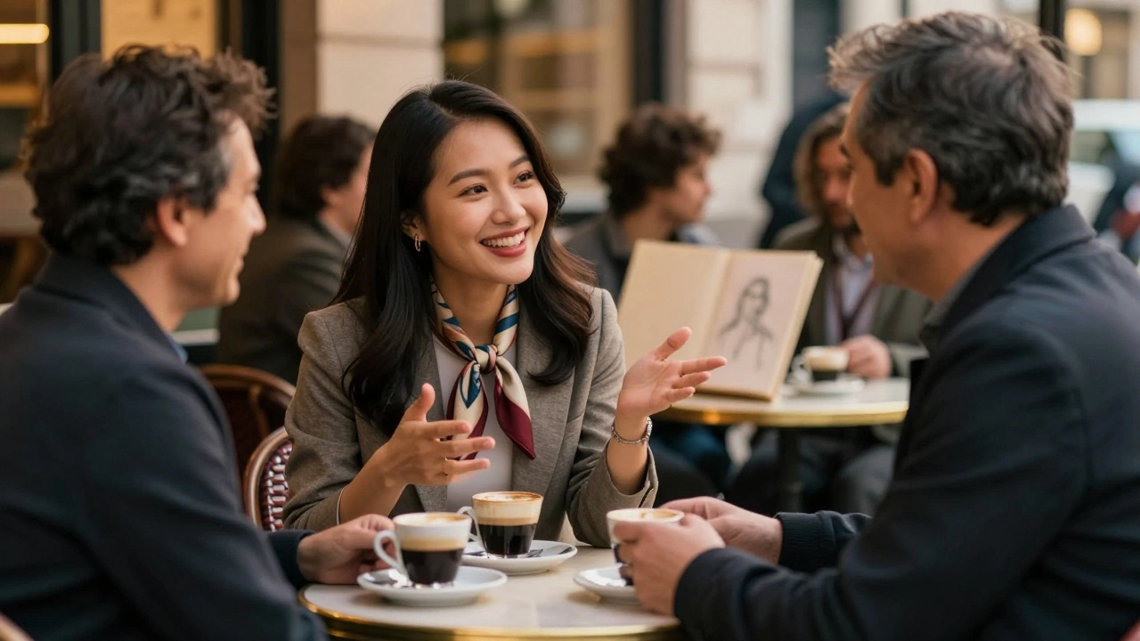 A Vietnamese woman smiles while talking to a man over coffee in a Montmartre café.