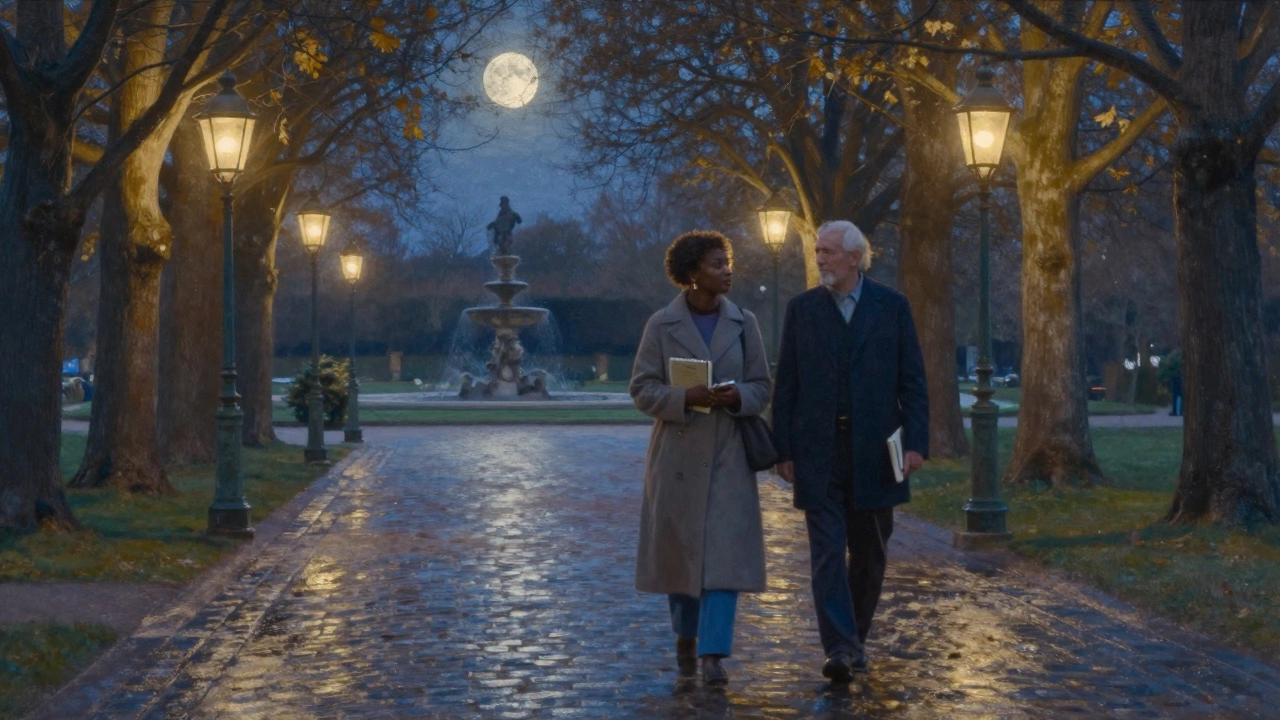 Two people walk peacefully through Luxembourg Gardens under moonlight, books in hand.